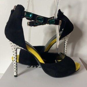 NEW Ladies Black Faux Suede Emerald Rhinestone Ankle Strap High Heels Sz 13 & 14
